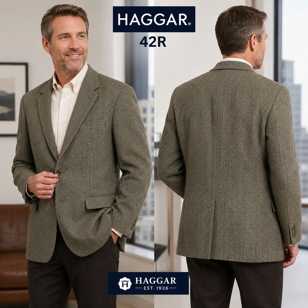 Haggar Mens‎ 42R Wool Herringbone Blazer Sport Coat Olive Brown Vintage